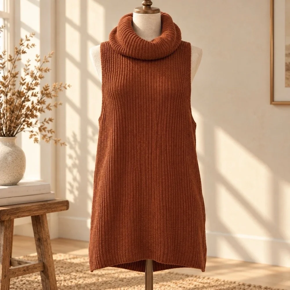 Free People Earthy Lambswool Sweater Vest L Rust Turtleneck Split Back Autumn